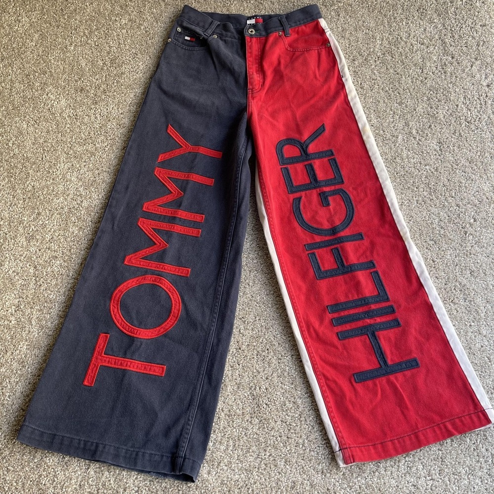 90s Aaliyah Tommy Hilfiger Wide Leg Spellout Jeans Womens 5 Colorblock Denim